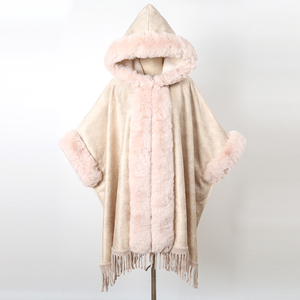 Châle et écharpe de luxe pour femme, poncho en <span class=keywords><strong>fausse</strong></span> <span class=keywords><strong>fourrure</strong></span> pelucheuse avec pompons, châle chaud à porter avec un chapeau - Product Image 5