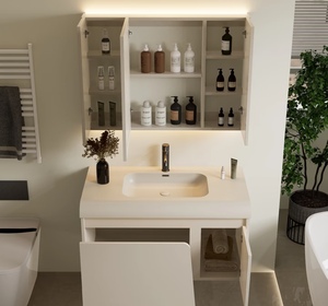 Moderno gabinete de baño de madera maciza integrado con espejo inteligente con sensor y almacenamiento, color crema. - Product Image 6