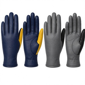 Gants en cuir écologiques doublés de fourrure pour l'hiver, compatibles écran tactile, longueur poignet, style uni gris-bleu avec accent jaune - Product Image 6