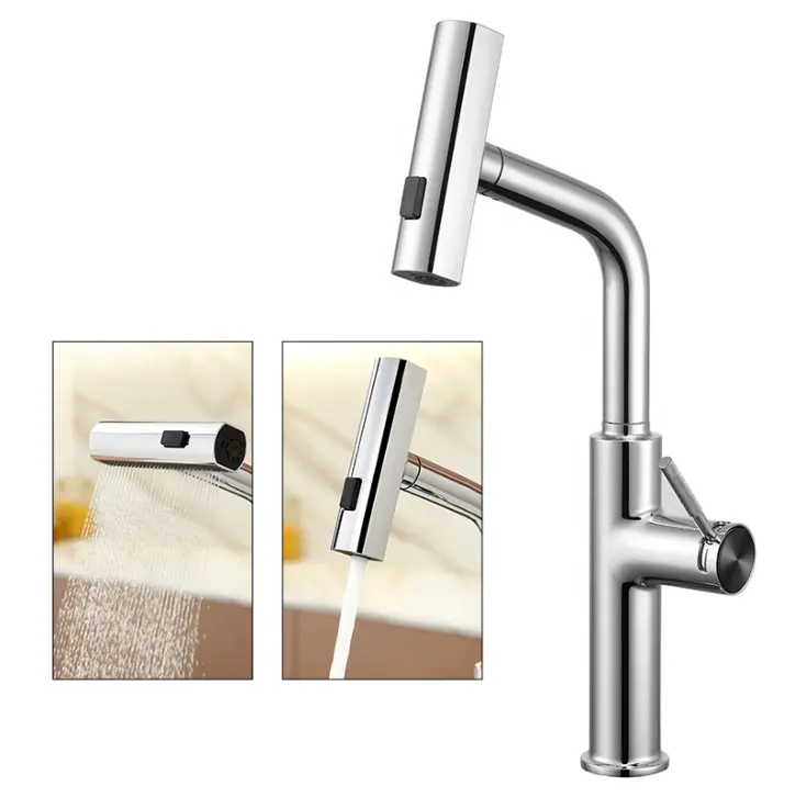 Chrom Badezimmer Einhand Waschbecken Waschbecken Ausziehbarer Wasserhahn mit Niederschlag Sprüh kopf Temperatur Digital anzeige Vanity Mixer Tap