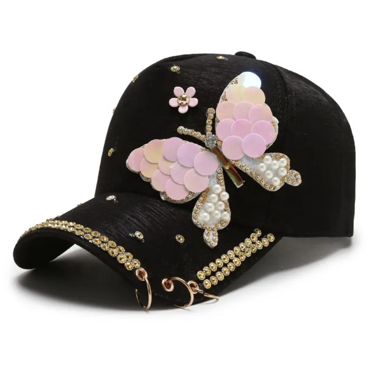 Dropshipping Wholesale Sequin Baseball cap Women fashion sequined pearl butterfly accessories hat Outdoor shade cap