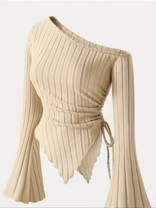 2026 Blouse Femme à Manches Longues Évasées et Ourlet Irrégulier, Tricotée Sexy avec Cordon de Serrage, Haut T-shirt - Product Image 5