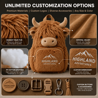 Sac à dos en peluche personnalisé Vache des Highlands, sac à dos en peluche pour animaux en peluche, sac à dos doux pour enfants et adultes, cadeau promotionnel OEM ODM