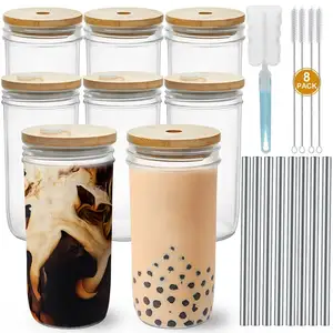 8 Pack Glass Cups with Lids and Straws,Drinking Glasses,Iced Coffee Cup,Beer  Can
