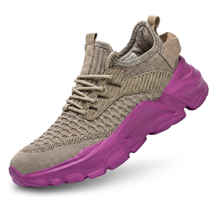 Chaussures de course unisexes en maille bleue avec semelle extérieure en caoutchouc beige, semelle intermédiaire en EVA légère et respirante, baskets athlétiques d'été - Product Image 5
