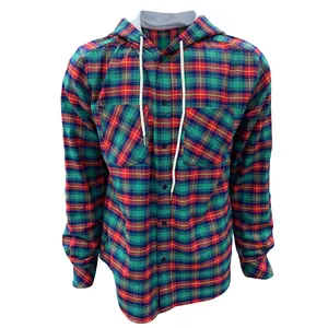 OEM 남성 대형 후드 오버 셔츠 격자 무늬 셔츠 100% 면 긴 소매 사용자 정의 셔츠 재킷 후드와 기본 플란넬 셔츠