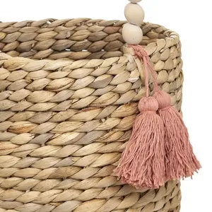 Water Hyacinth Round Storage Basket With Beaded Handle And Pink <b>Tassels</b> Bohemian Style <b>Craft</b> Decor for Kid Room - Product Image 3