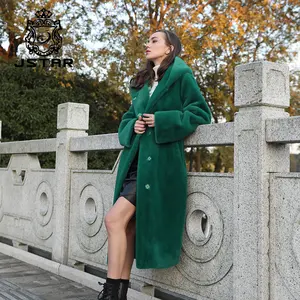 Jstar invierno alta calidad suave Moda Verde capucha gabardina larga diseño simple aspecto diario falso abrigo de piel de visón para mujer