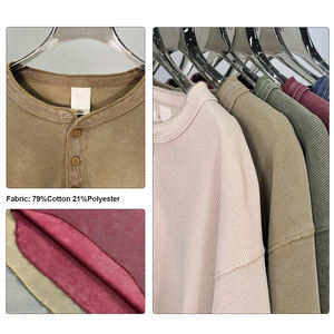 High Quality Drop Shoulder Batik 325Gsm Custom Blank Plain Long Sleeve Tshirt Heaveweight Waffle Men's T-shirts - Product Image 3