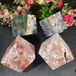 Moss akik Druzy küp doğal kristal küp üç boyutlu kareler şifa için ayakta şifa pembe akik Geode küpleri