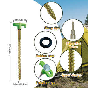 יתדות אוהל מגולוונות בזינק צהוב 8*200 מ\"מ עם ראש משושה, מוט משיכה, בורג הברגה, יתדות אוהל חזקות לקמפינג - Product Image 4