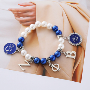 Tuyên bố 4 <span class=keywords><strong>Zeta</strong></span> <span class=keywords><strong>phi</strong></span> <span class=keywords><strong>Beta</strong></span> Mặt dây chuyền trang trí đầy cảm hứng kể từ khi 1920 Hy Lạp zpb chim bồ câu biểu tượng màu xanh và trắng ngọc trai đính cườm Vòng đeo tay - Product Image 4