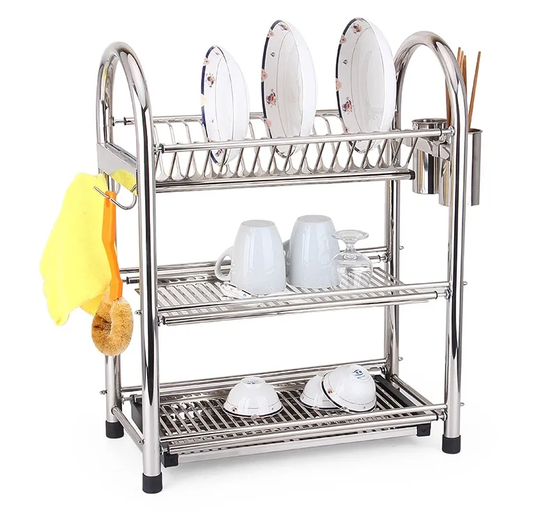 Soporte de almacenamiento de platos de cocina de gran capacidad, estante para platos de 3 niveles de acero inoxidable, escurridor de platos, estante para secar platos