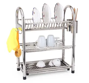 Large Capacity Kitchen Plate Storage Holder Stainless Steel 3 Tier Dish Rack Dish Drainer Dish Drying Rack