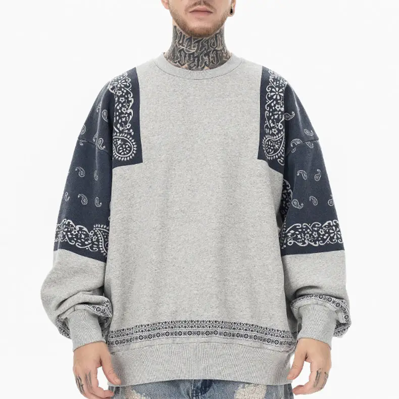 Customized Men's Oversize Round Neck Jacquard Stitching Pullover Sweatshirt