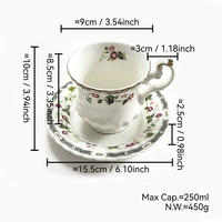 Ensemble tasse et soucoupe en porcelaine fine à motif floral et bordure dorée vintage de 250 ml, tasse à thé en céramique de style européen, mug à café pour le thé de l'après-midi