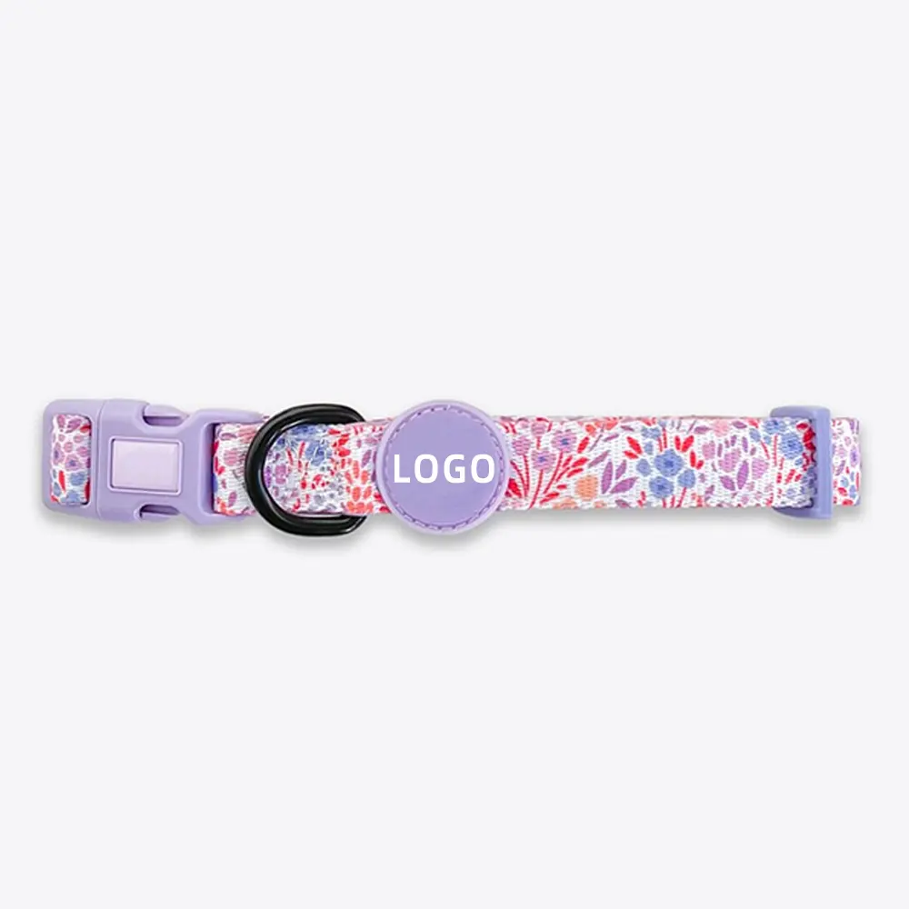 Custom Adjustable Polyester Printing Pet Dog Collar with Rubber Logo Dog Collar With D-ring for Dogs Walking and Running