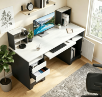Bureau de direction avec tiroir pour classeurs, plateau pour clavier et 2 tiroirs, couleur gris blanc bois, bureau à domicile avec 2 tiroirs de rangement verrouillables