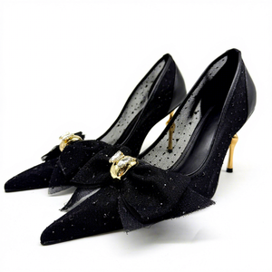 Sandalias de tacón alto con punta en pico, lazo y diamantes de imitación, de malla, estilo europeo-americano, personalizadas por el fabricante, para mujer - Product Image 1
