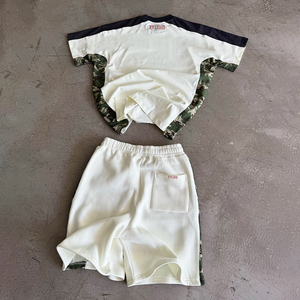 Custom Manufacturers Camouflage Patchwork Shorts And T-Shirt <b>Set</b> <b>Embroidery</b> Logo Designer Cotton T Shirt And Shorts <b>Set</b> 2 Piece - Product Image 1