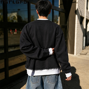 Cut And Sew Contrast Mock Neck Sweatshirt Men <b>Navy</b> White Dtg Print Boxy Pullover Wholesale Bulk - Product Image 4
