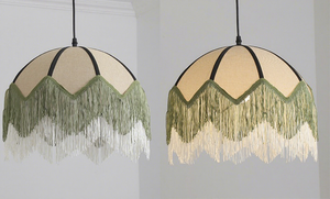 Lampe suspendue vintage française en lin vert avec pompons, LED blanc chaud, intensité réglable, faisceau à 360°, pour chambre, salon, salle à manger - Product Image 5