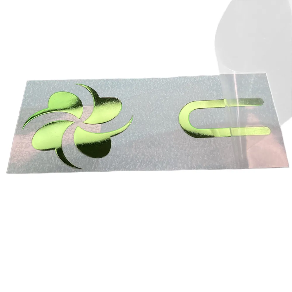 Scatola di imballaggio logo trasferimento adesivo in metallo adesivo verde lucido marchio personalizzato etichetta logo personalizzato