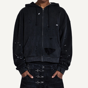 Sun Faded Waffle Lined <b>Zip</b> Hoodie Oversized Fit Heavyweight Cotton French Terry Distressed Casual Hoodies - Product Image 2