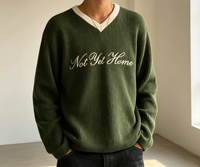 Pull en maille vintage personnalisé pour homme à col en V contrastant, pull vert surdimensionné avec broderie OEM Script, modèle non encore disponible