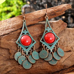 Boucles d'oreilles pendantes tendance en alliage plaqué bronze antique avec pierre turquoise, style bohème, bijoux de fête pour femmes - Product Image 4