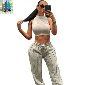 Fall Loose Wide Leg Pants Mid Waist Drawstring Elastic Women Sweat Pant Long Baggy Trouser Strip Track Pants