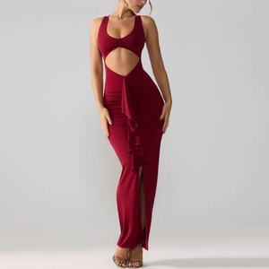 Robe décontractée élégante à découpes OEM/ODM avec volants, dos nu et fente haute sexy - Product Image 3