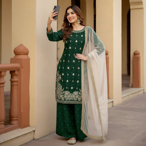 Conjunto de traje Sharara de seda pesada bordado para mujer, corte regular, ropa étnica con dupatta de organza de secado rápido para bodas, fiestas y Diwali - Product Image 1
