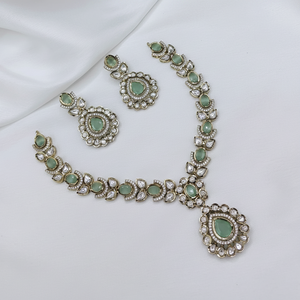 High Quality Traditional Ethnic Antique Gold Plated Zircon Flower Design Necklace Set Earrings Maang Tikka <b>Indian</b> Engagement - Product Image 2