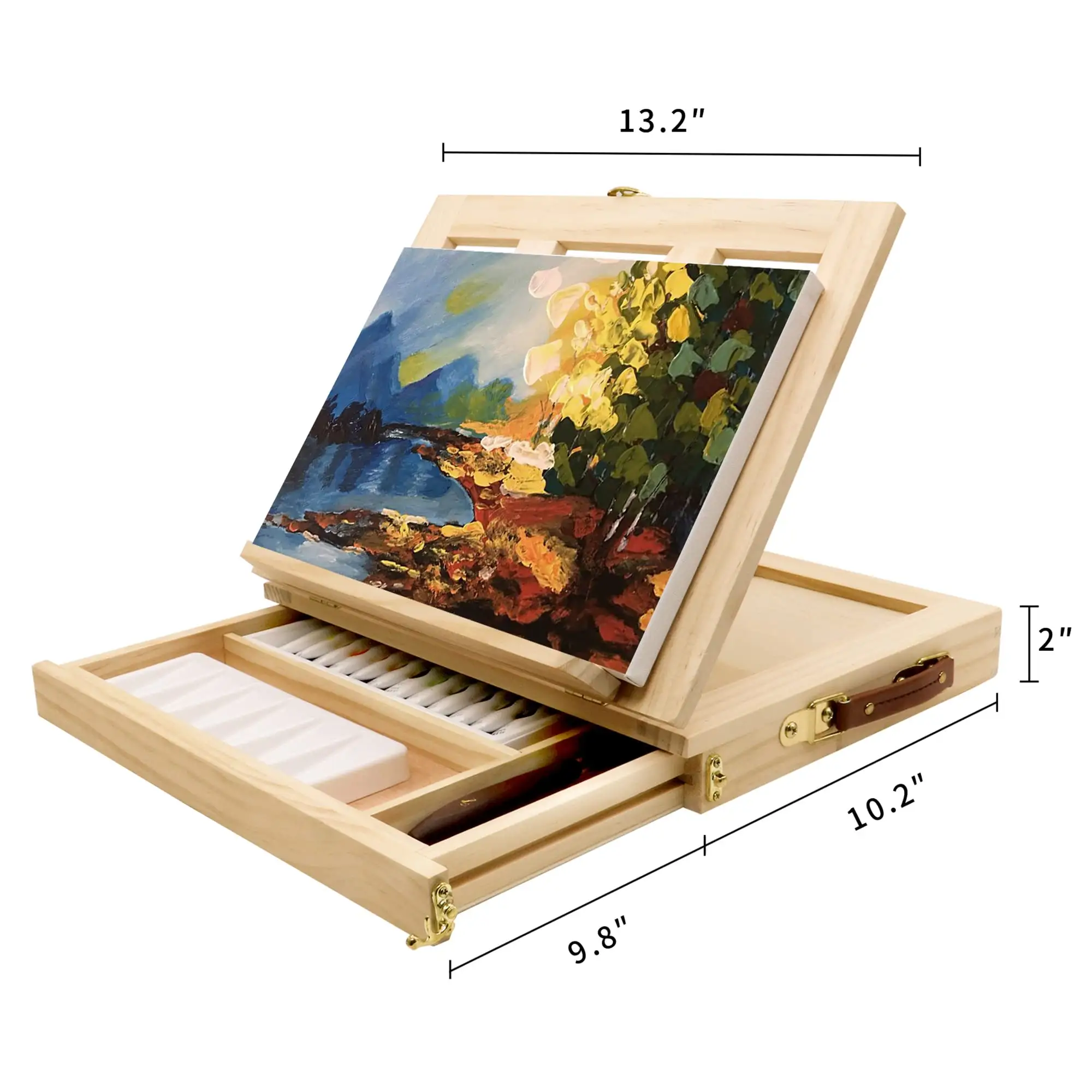 टेबलटॉप चित्रफलक सेट चित्रफलक चित्रकला के लिए Canvases पोर्टेबल लकड़ी के चित्र किट 12 रंग एक्रिलिक पेंट 2 ब्रश पैलेट चाकू