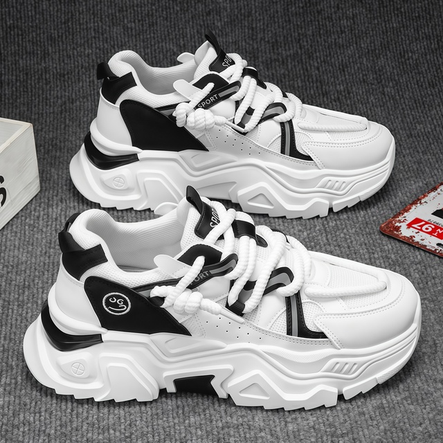 Contrast Patchwork Breathable Mesh Platform Sneakers Thick Fat Rope Laces Smile Print Anti Slip Outdoor Walking Dad Shoes