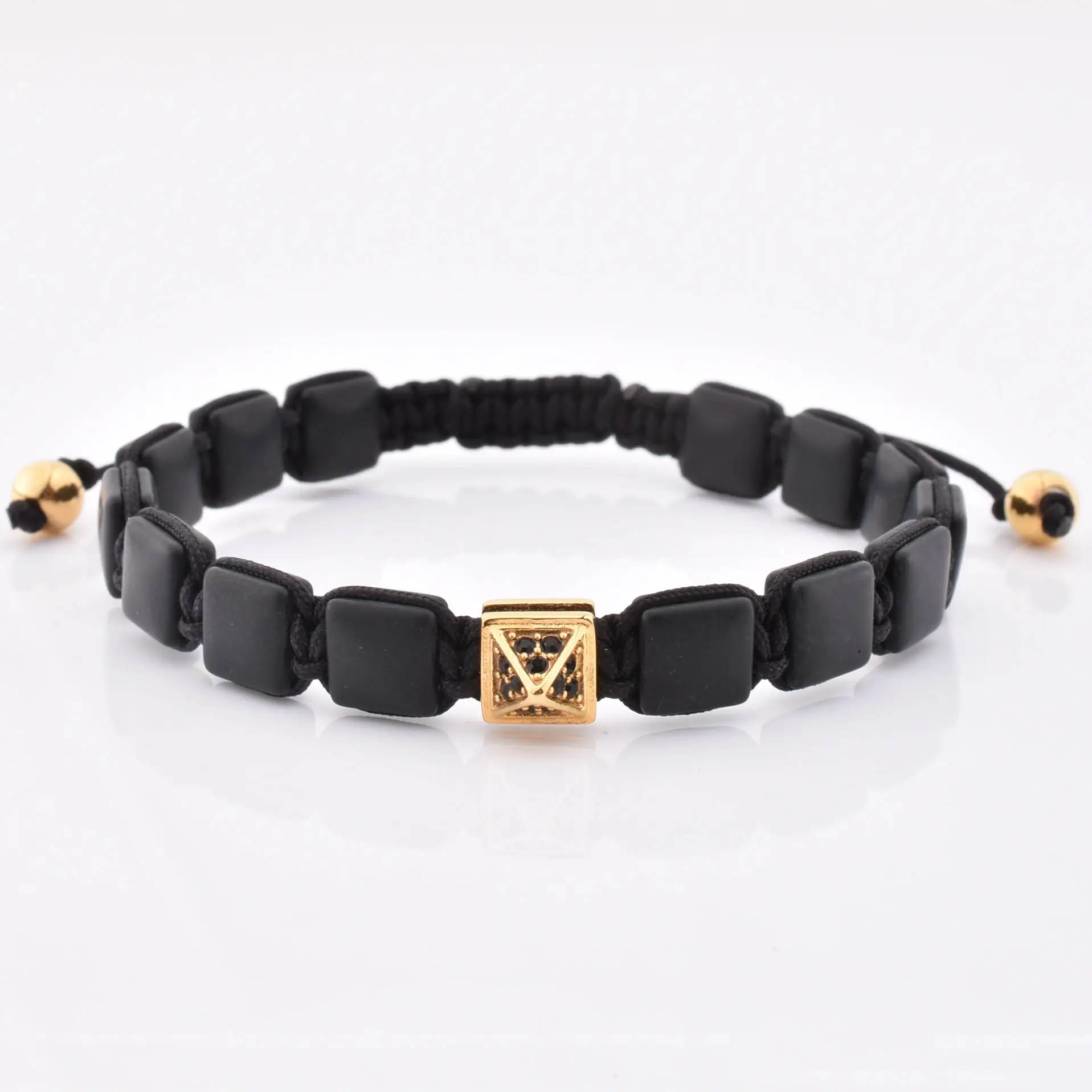 Black Flat Square Bead Bracelet Matt Onxy Charm With crystal Adjustable Beaded Bracelet Natural Gemstone Bracelet