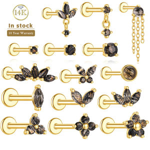 Boucles d'oreilles clous en or massif 14K 18K, personnalisées Lotus, avec pierre de cristal naturel noir et forme marquise, bijoux fins populaires - Product Image 1