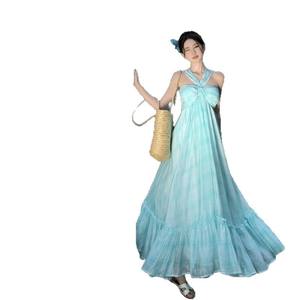 Vestido Casual Largo con Cuello Halter en Verde Menta Francés, Estilo Vacaciones en la Playa, Cintura Imperio, Transpirable, para Celebraciones - Product Image 5