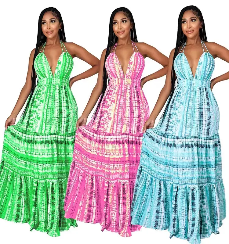 Summer New Sexy V Neck Sleeveless Backless Printed Long Dresses Fashion Plus Size Women Dress