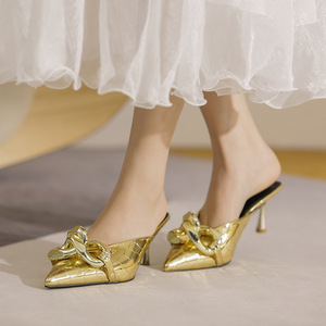 Gold Fashion <b>Pointed</b> <b>Toe</b> Chain Low Slippers Silver <b>Mule</b> Lady Heels for Women 2025 - Product Image 3