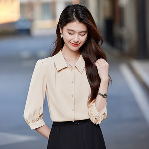 Women's Light Blue Mid Sleeve Shirt Solid Color Polyester Poplin Office Casual Blouse Elegant Style - Product Image 2