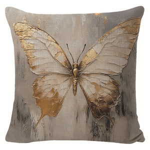 Funda de almohada de lino con estampado de tulipanes y plumas de mariposa, funda de cojín decorativa vintage cuadrada para sala de estar y sofá - Product Image 4