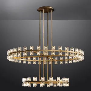 Lustre américain LED rond en duplex de luxe en métal doré pour villa, salon, ferme, anneau, suspensions