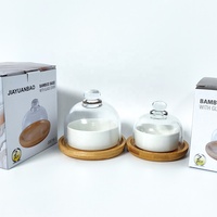 Petite cloche de présentation en verre épais avec couvercle en forme de dôme, mini-beurrier avec bol en céramique et base en bambou écologique pour boulangerie
