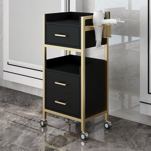 Chariot de Salon Noir et Or sur Roulettes avec Support pour Sèche-Cheveux et Tiroirs de Rangement pour Salle de Bain et Salon de Coiffure - Product Image 1