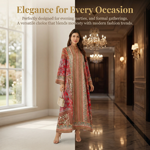 ชุดเดรสยาวพิมพ์ลายสีแดงสไตล์อิสลามประดับด้วยคริสตัล - Product Image 5