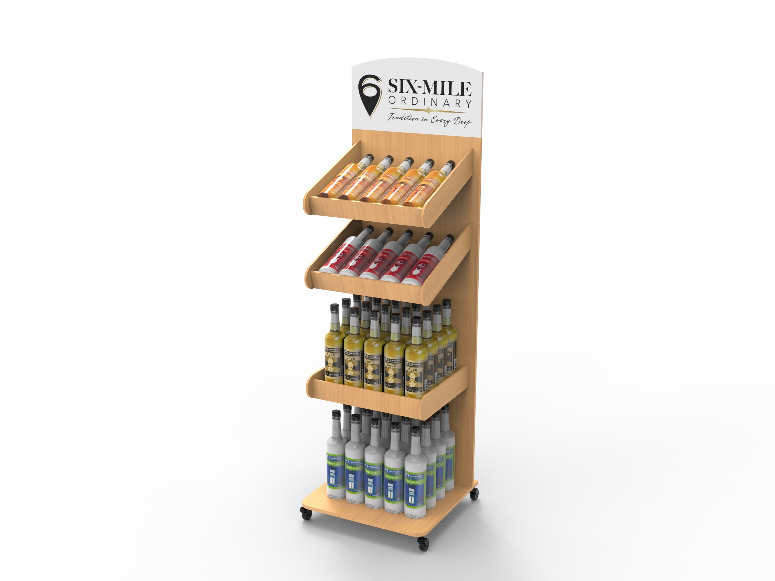 Apache Custom Modern 4-Tier for Floor Standing Beverage Display Stand Portable Rolling Wooden Bottle Rack Liquor Wine Retail — view 2