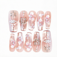 Autocollant d'ongles en acrylique rose fait main, couvrant entièrement l'ongle, motif fleur 3D, pour ongles à presser, effet œil de chat, formes cercueil, amande, French, carré, et pour bouts d'ongles longs