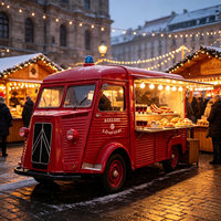 Unité de Food Truck Rétro Rouge Vif Direct Usine avec Étagère à Strudel aux Pommes, Comptoir à Cidre Chaud pour Place Publique Hivernale
